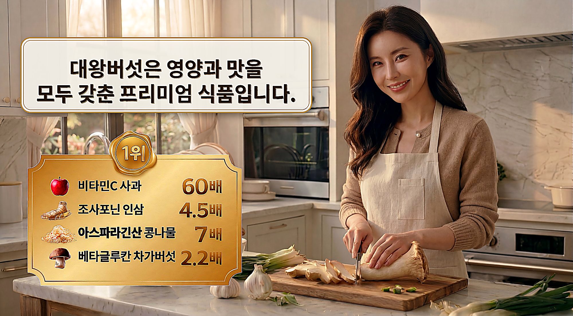 대왕버섯은 영양과 맛을 모두 갖춘 프리미엄 식품입니다 — 비타민C 사과의 60배, 조사포닌 인삼의 4.5배, 아스파라긴산 콩나물의 7배, 베타글루칸 차가버섯의 2.2배